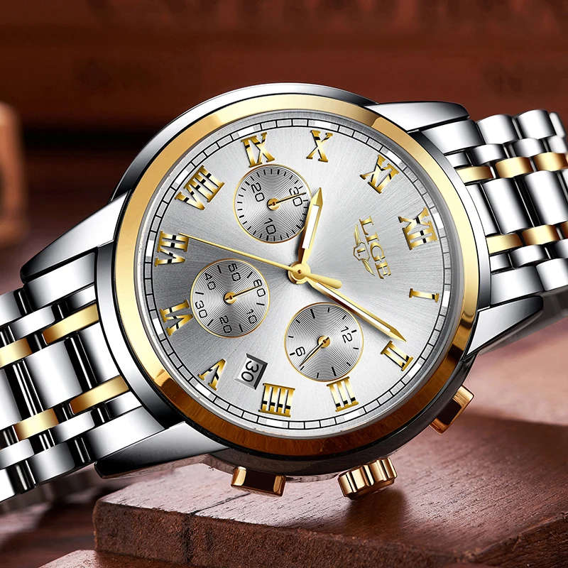 LIGE Top Luxury Brand Full Steel Waterproof Sport Quartz Mens Watch