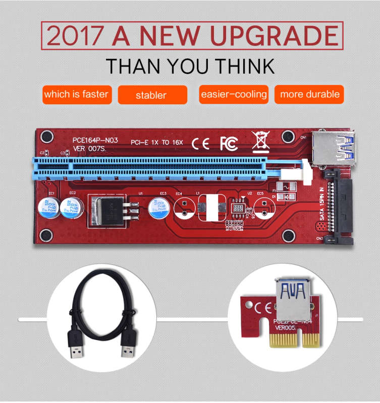 VER007S PCI Express Riser Card 1x to 16x PCI-E extender 60cm USB 3.0 Cable 15Pin SATA