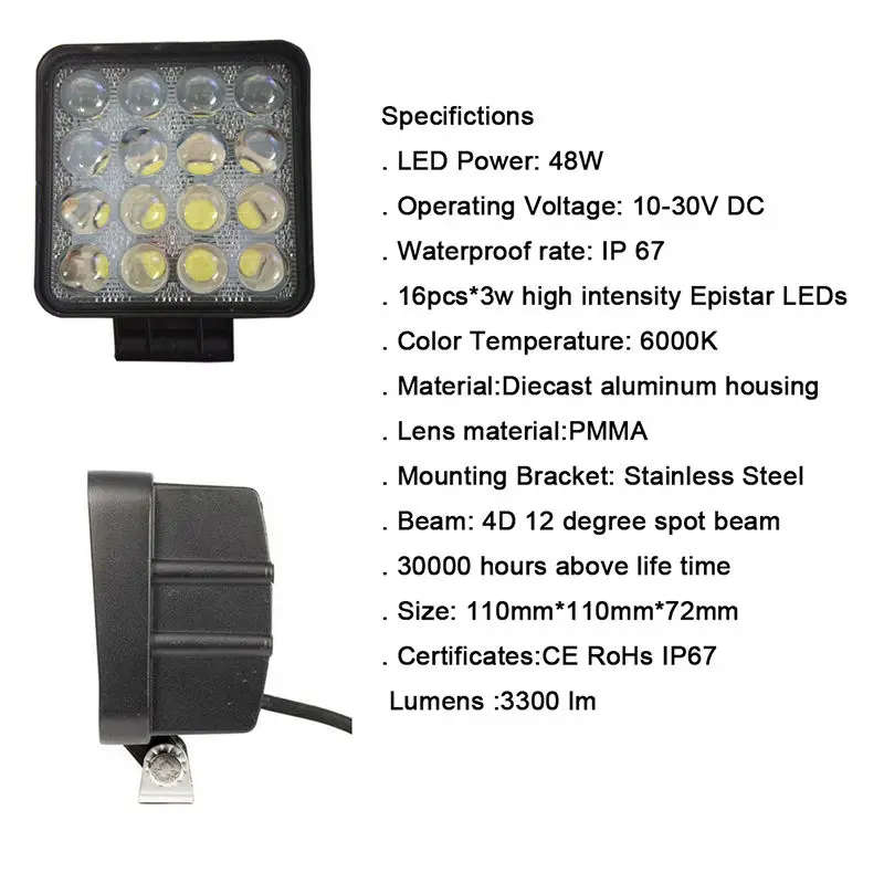 4 Tractor Car LED Headlight Work Lights Square Round 4inch 12V 24V 48W off road Flood Square LED Work Light Lamp for car Truck Vehicle Driving Boat 48W 4.5 inch LED Work Light Flood Driving Lamp for Car