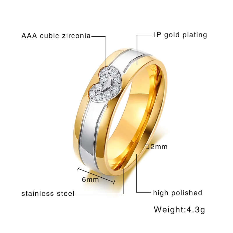 Meaeguet Classic 2-Lines Heart CZ Stone Engagement Rings For Women Stainless Steel Wedding Bands Accessories USA Size 5-12 (11)