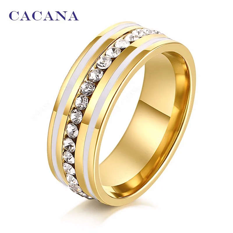 Genuine Stainless Steel Rings Gold with Zircon -  Anti-allergy Smooth  Size 8