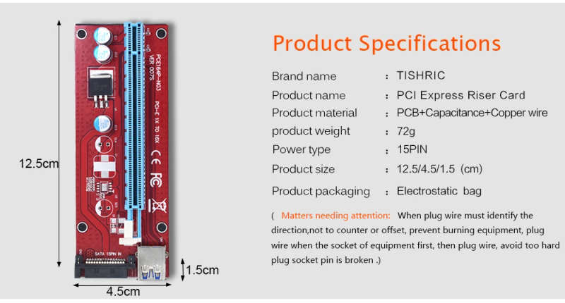 VER007S PCI Express Riser Card 1x to 16x PCI-E extender 60cm USB 3.0 Cable 15Pin SATA