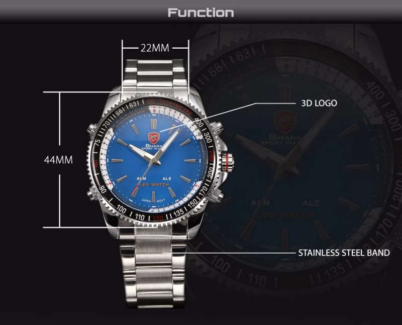 SHARK Digital Dual Movement Alarm Stainless Steel Case Sport Watch BRAND NEW