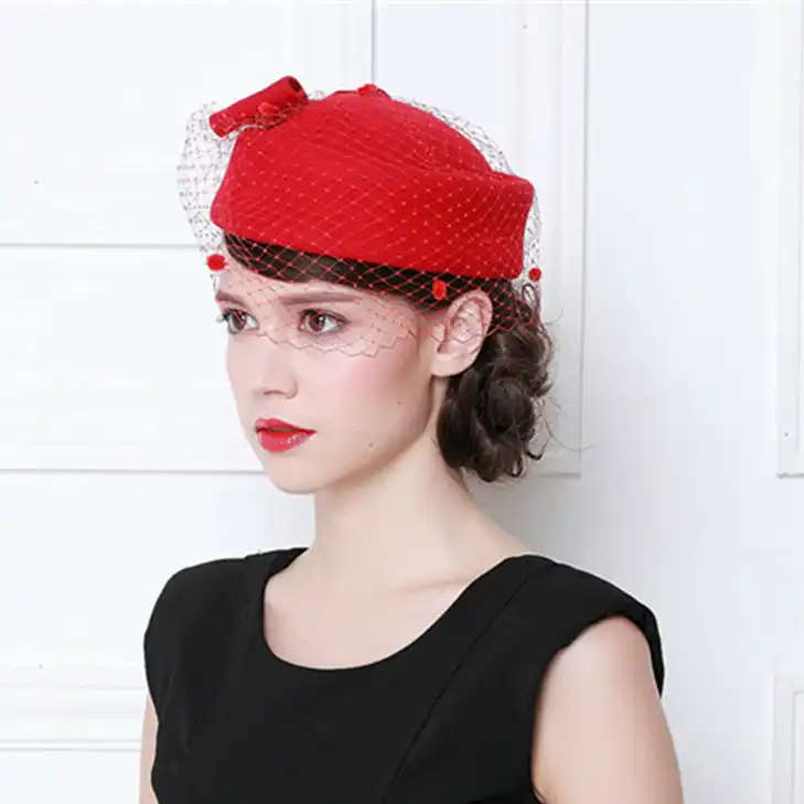 Vintage French Wool Women Beret Winter Felt Hat With Bow Flat Top Hats Lady Stewardess Cap Fedoras