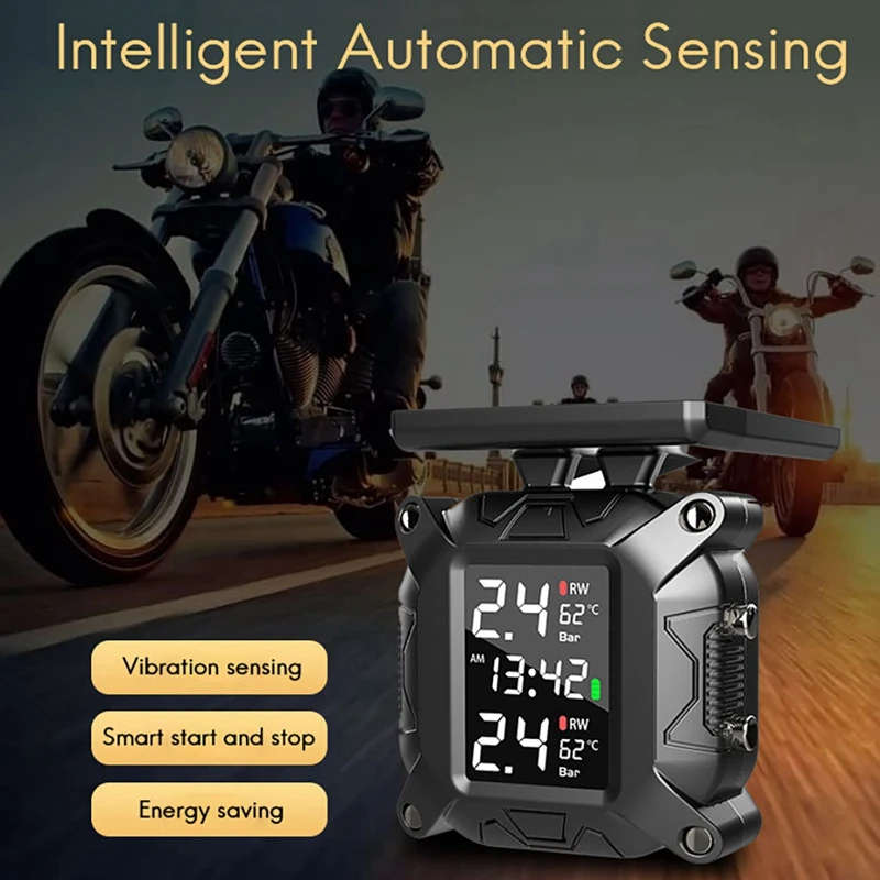 Wireless Motorcycle TPMS Tire Pressure Monitoring System Solar External Sensor LCD Display
