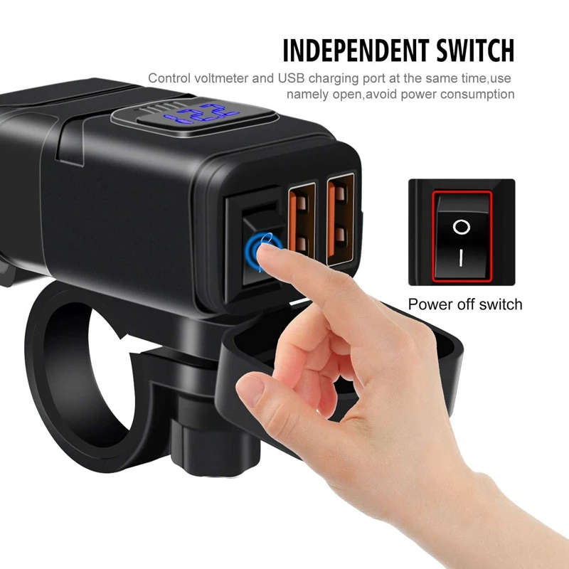 Waterproof Motorcycle Dual USB Fast Charger Port Power Adapter Voltmeter & On/Off