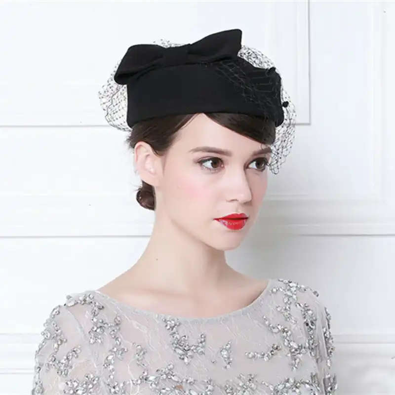 Vintage French Wool Women Beret Winter Felt Hat With Bow Flat Top Hats Lady Stewardess Cap Fedoras