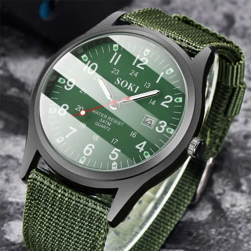 Soki - Luminous Nylon Band Military Watch Men Watches Army  Watch - Green Colour - Ref 03