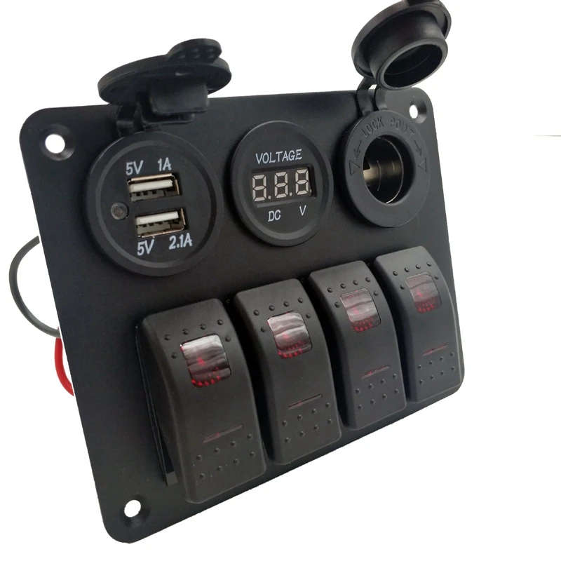 4 Gang 12-24V Rocker Switch Panel with 3.1A Dual USB Charger Digital Voltmeter Waterproof for Car