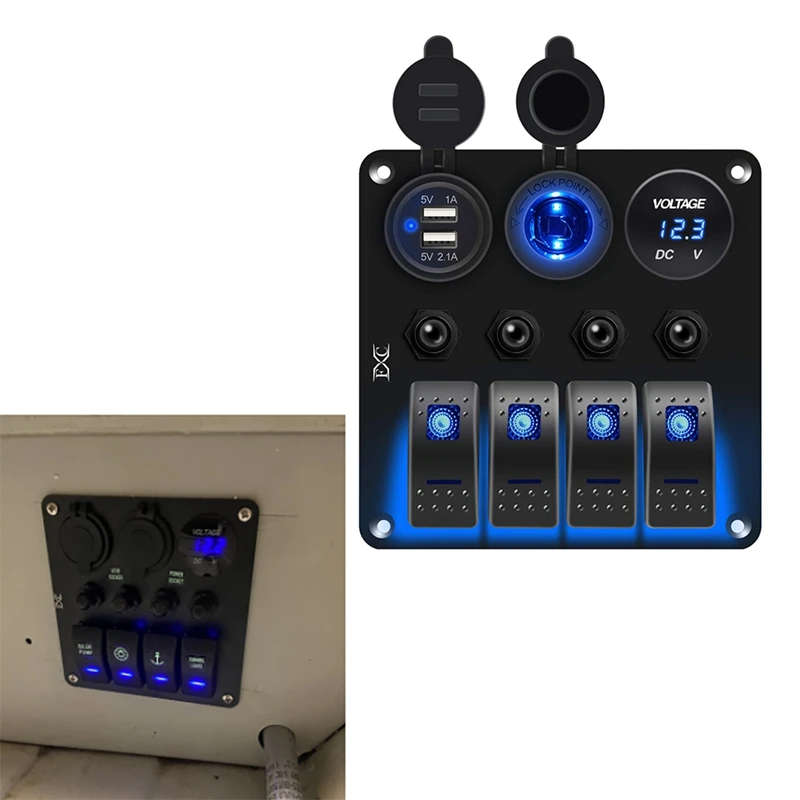 Waterproof Marine Boat Rocker Switch Panel 4 Gang with 3.1A Dual USB Slot Socket + Cigarette-Lighter