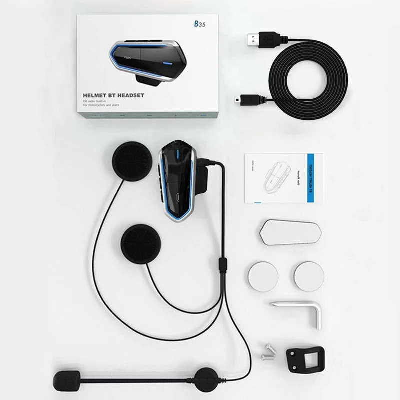 B35 Motorcycle Intercom Microphone, Bluetooth 5.0 Helmet Headset Interphone FM Radio