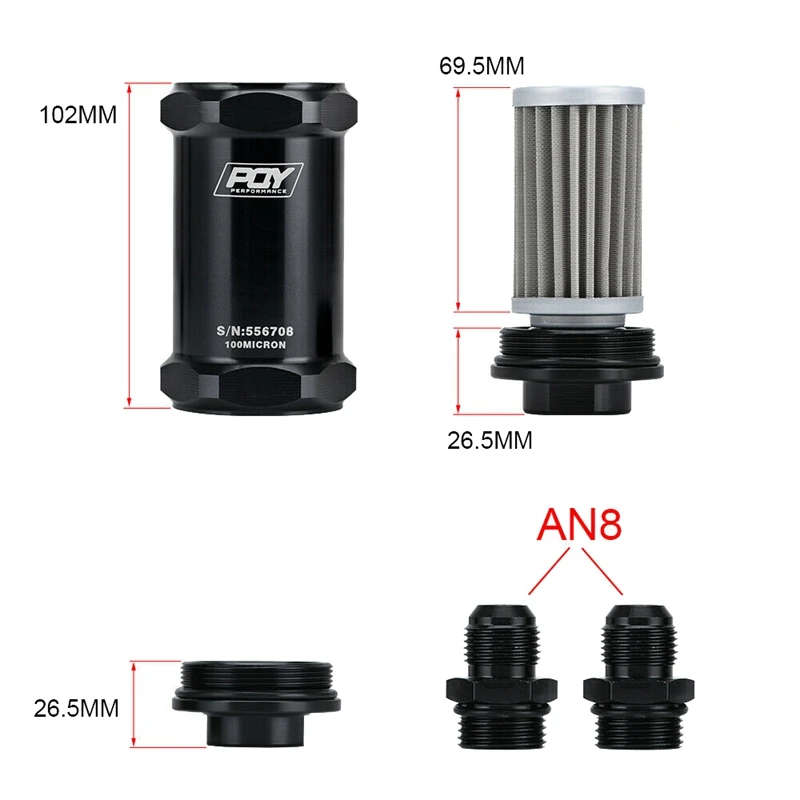 Inline Fuel Filter E85 Ethanol Inlet 8 an Outlet Bracket 100 Micrometre Elements