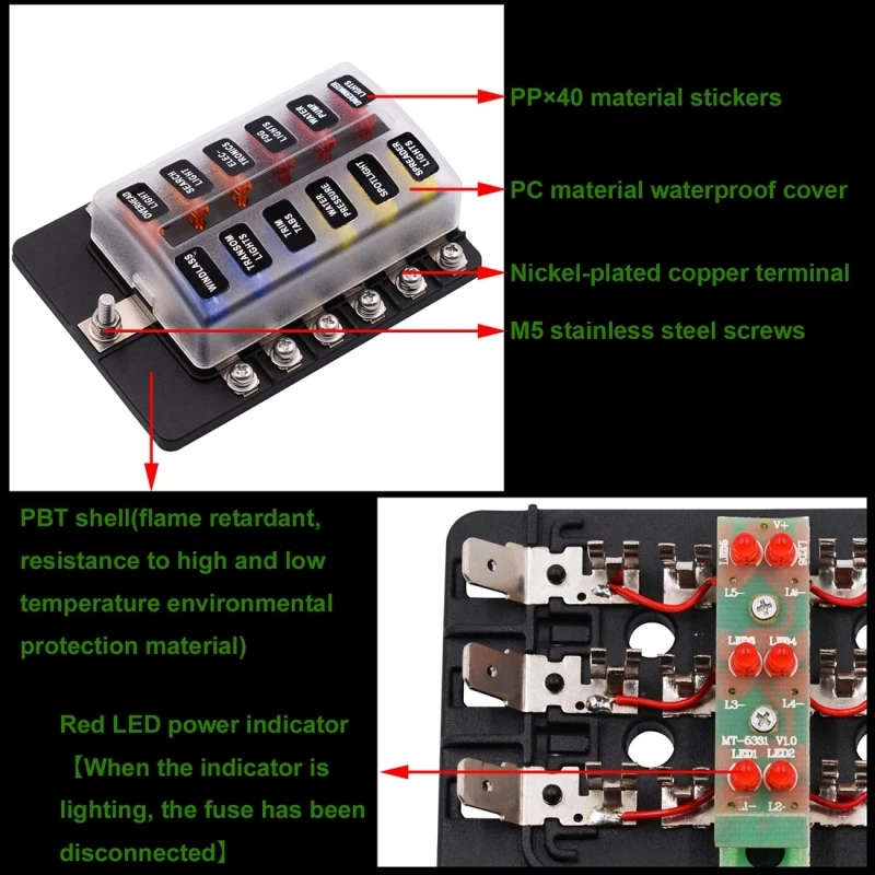 1 in 6/8/10/12 Out Fuse Box PC/Screw Terminal Section Fuse Holder Kits with LED Warning Indicator