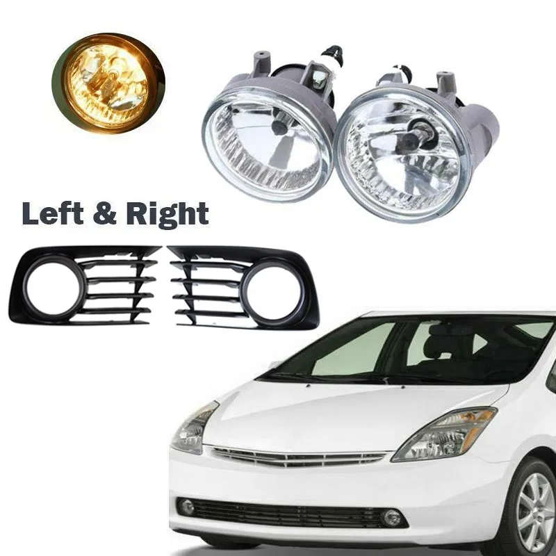 Pair Front Bumper Fog Light Lamps + Covers Kit for Toyota Prius 2004-2009 with Bulb 81221-52070