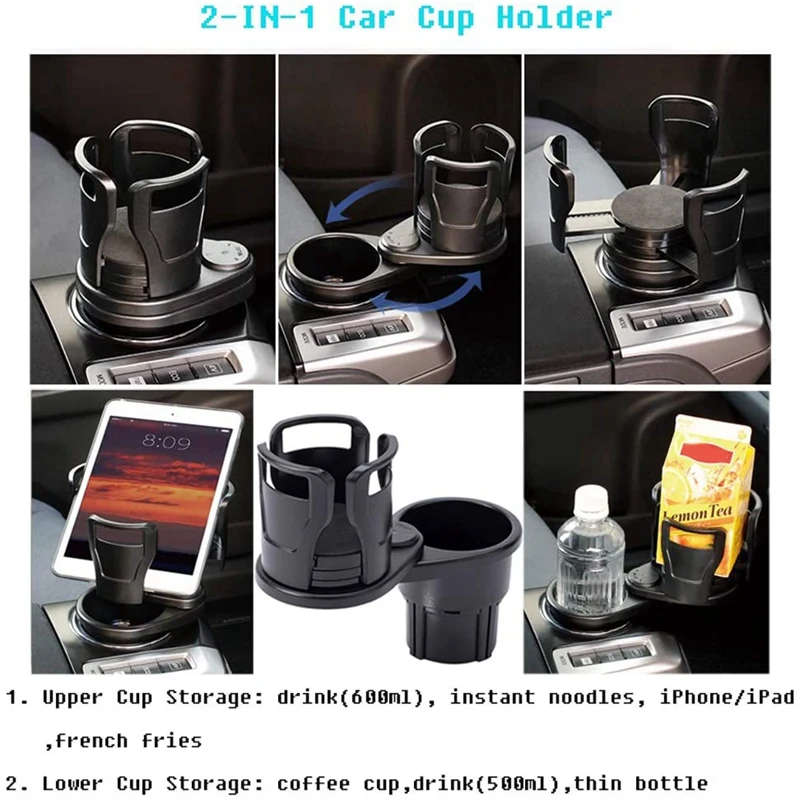 Car Cup Holder Expander Adapter 2 in 1 Cup Mount Extender 360 Degrees Rotating Storage Rack
