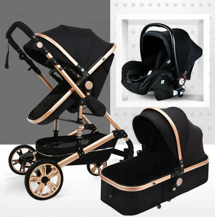 Belecoo 3 in 1 Baby Stroller Black with Gold Frame