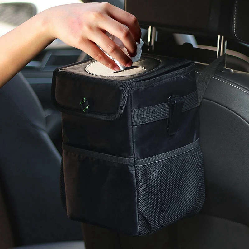 Car Trash Can with Lid Storage Pockets Backseat Hanging WastebasketCollapsible Organizer Console