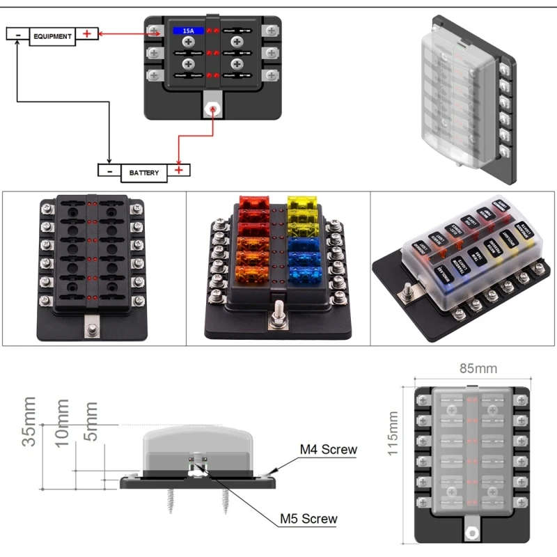 1 in 6/8/10/12 Out Fuse Box PC/Screw Terminal Section Fuse Holder Kits with LED Warning Indicator