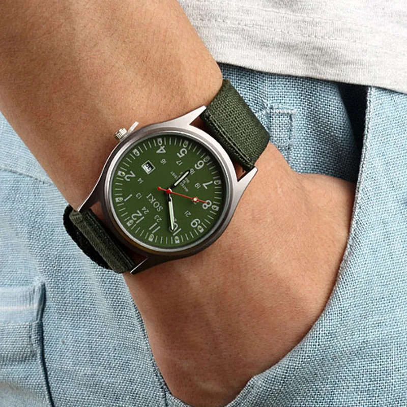 Soki - Luminous Nylon Band Military Watch Men Watches Army  Watch - Green Colour - Ref 03