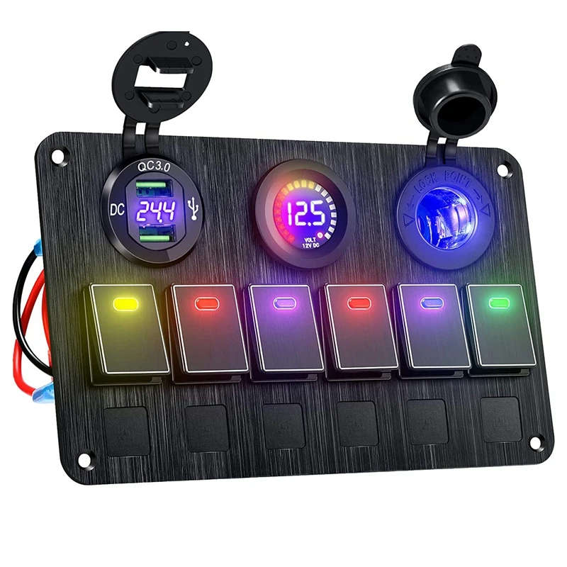 Marine Boat Rocker Switch Panel 6 Gang with QC 3.0 USB Charger+DC 12/24 Volt Socket+Voltmeter