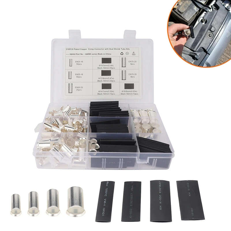 215 PCS AWG 4 2 1 2/0 Wire Ferrule Silver Plated Copper Crimp Connector with Heat Shrink Tube