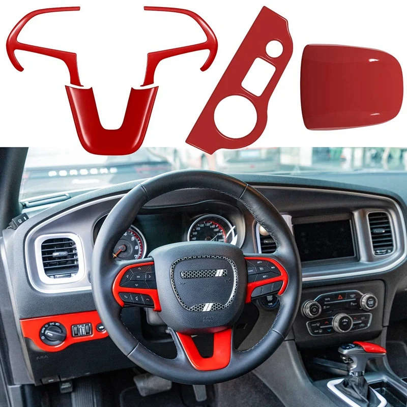 Car Steering Wheel Frame & Headlight Switch Panel Sticker & Gear Shift Trim Cover for 2015-21 Dodge