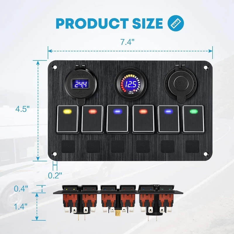 Marine Boat Rocker Switch Panel 6 Gang with QC 3.0 USB Charger+DC 12/24 Volt Socket+Voltmeter