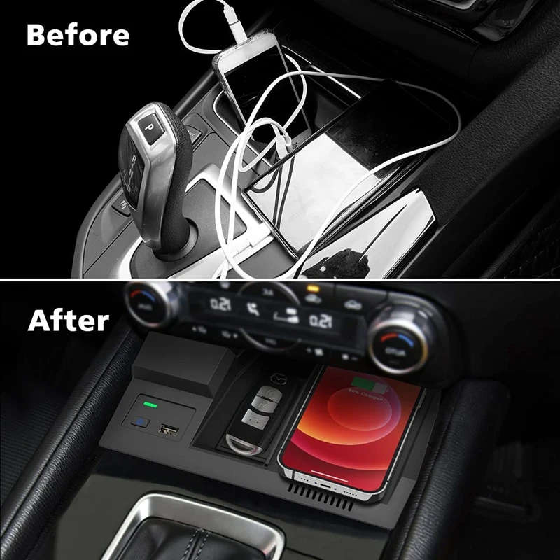Wireless Car Charger, Center Console Phone Charging Pad with USB Port for Mazda CX5 CX-5 2017-2021