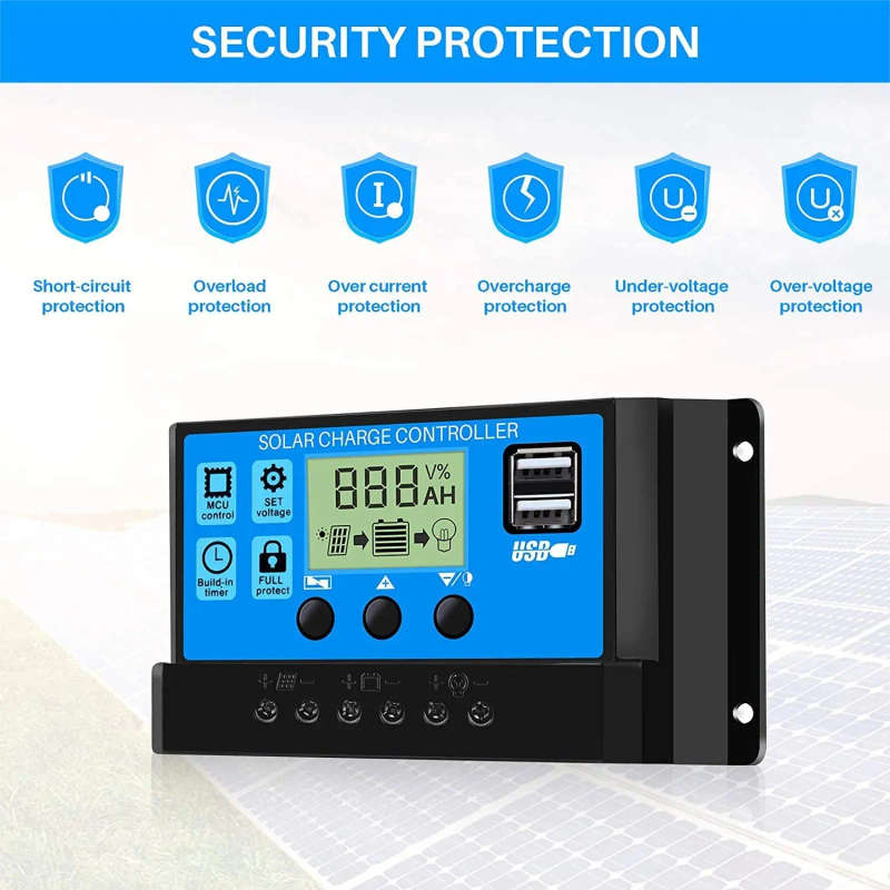 Solar Charge Controller PWM 12V/24V Auto Adapt Voltage 30A USB 5V Intelligent LCD Display