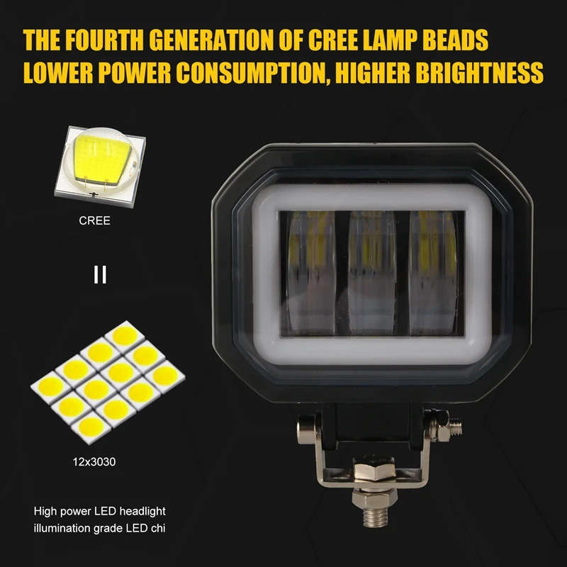 4 Inch Fog Light 6000K 12-30V Square LED Angel Eye Light Strip Off-Road Car Marine Work Light