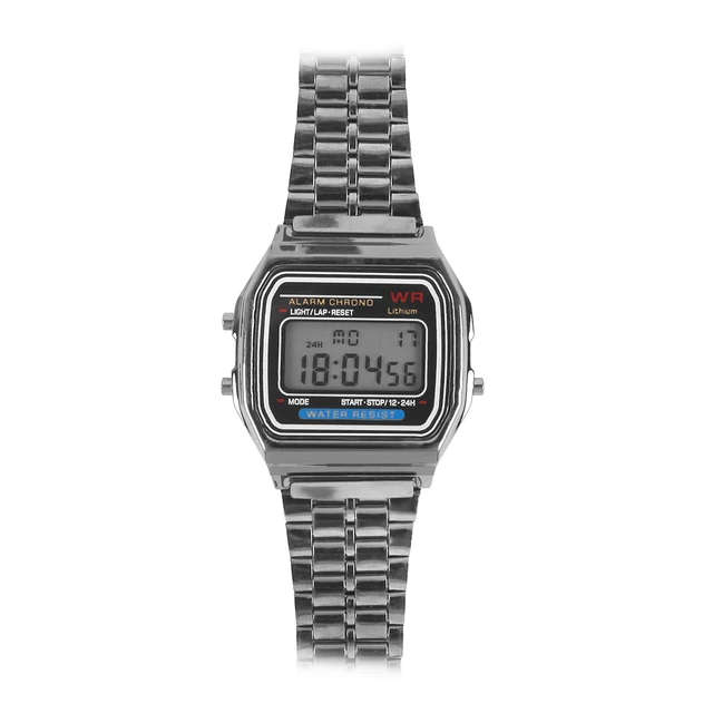 Men's digital watch with stainless steel link bracelet - light black