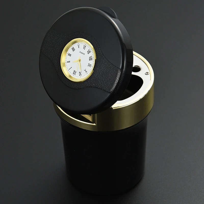 Multi-function Portable Creative LED Car Cigarette Ash Tray Ashtray with Clock (Gold)