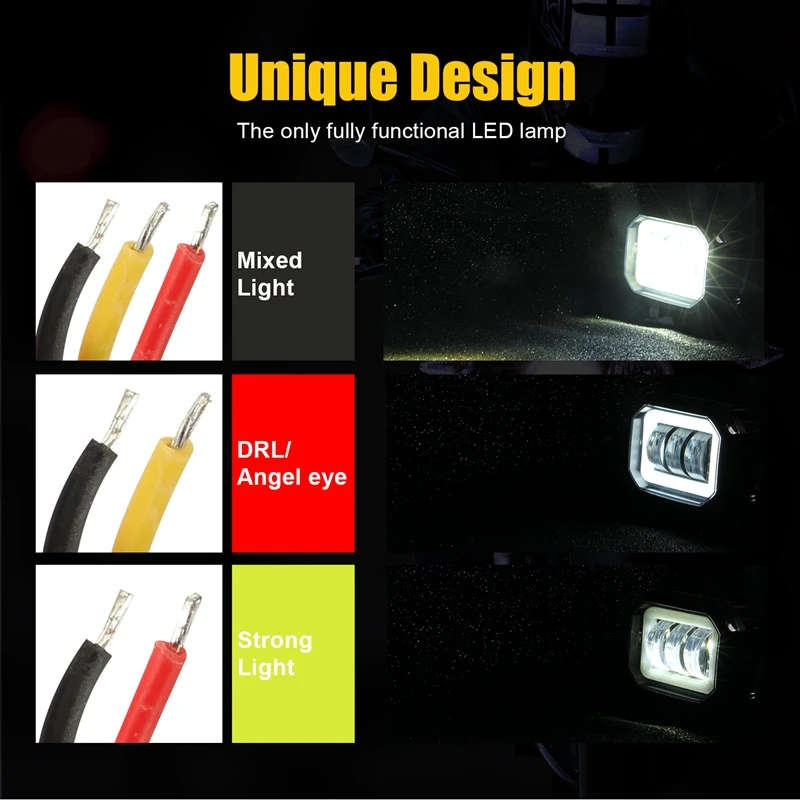 4 Inch Fog Light 6000K 12-30V Square LED Angel Eye Light Strip Off-Road Car Marine Work Light