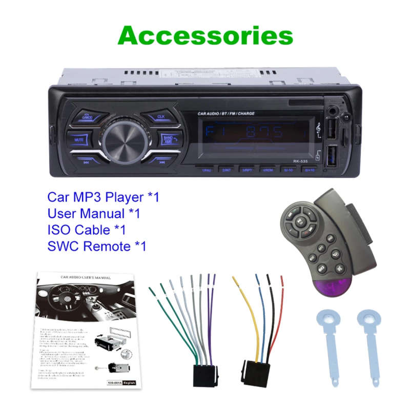 RK-535 Car Stereo Radio MP3 Audio Player with Remote Control, Support Bluetooth Hand-free Calling