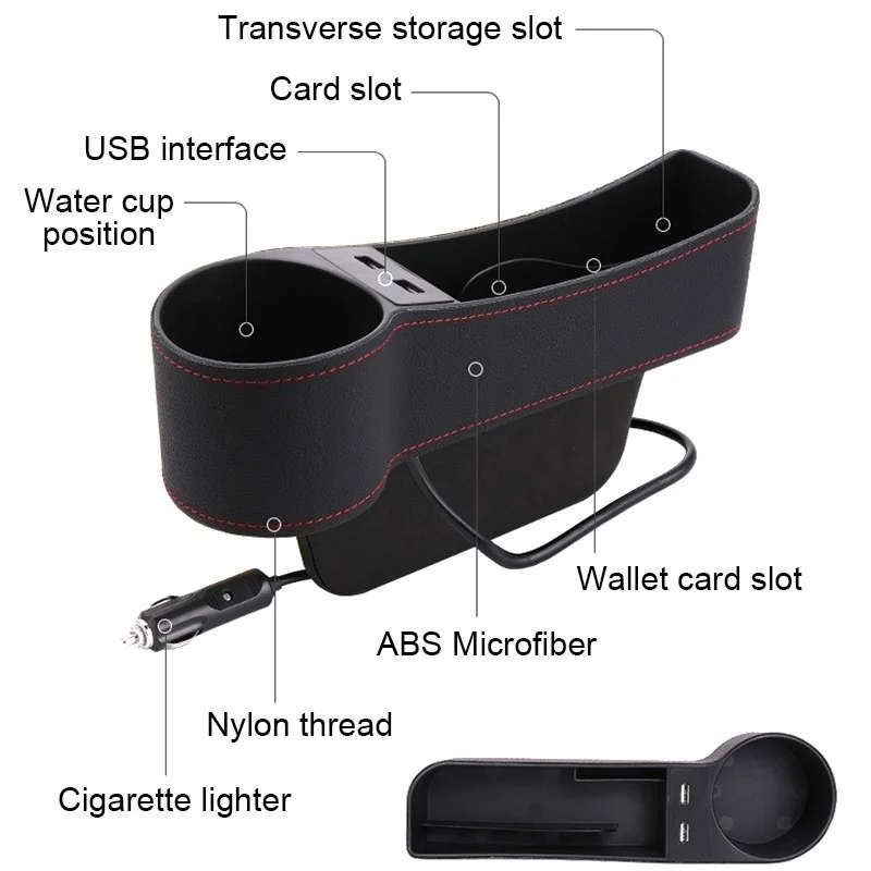 Car Multi-functional Driver Seat Console PU Leather Box Cigarette Lighter Charging