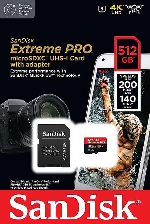 SanDisk Extreme Pro microSD UHS I Card 512GB for 4K Video 200MB/s Read, 140MB/s Write (With Adaptor)