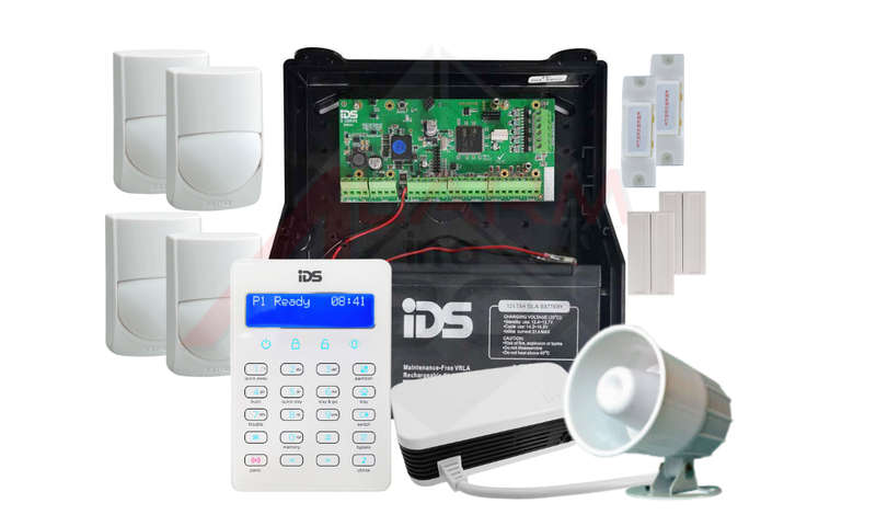 IDS X64 8Z kit, white touch screen K/P,4*Saver PIRs,2*mags,2*fix panics,24V PSU,battery, siren.