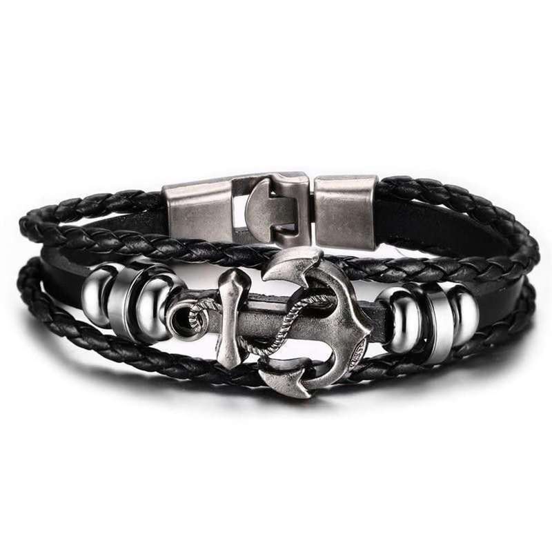 Killer Deals Unisex Stainless Steel Anchor Charm & Leather Bracelet- L/XL