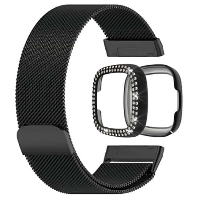 Killer Deals Milanese stra and PC case with diamond for Fitbit Versa 3 ,Sense - Black Combo