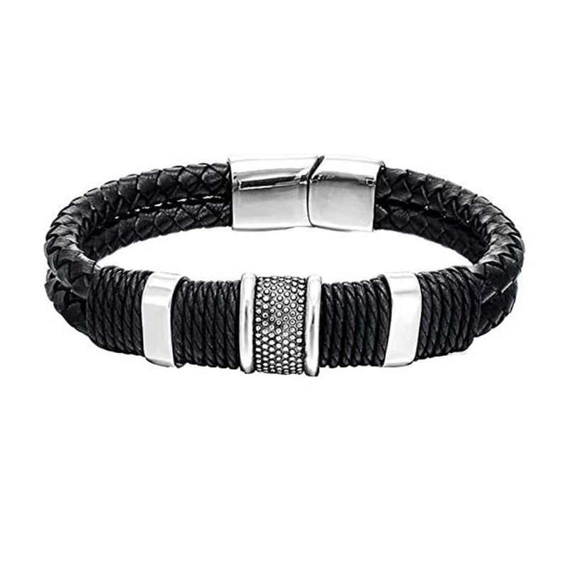 Killer Deals Unisex PU Vegan Leather Stainless Steel Bracelet- M/L