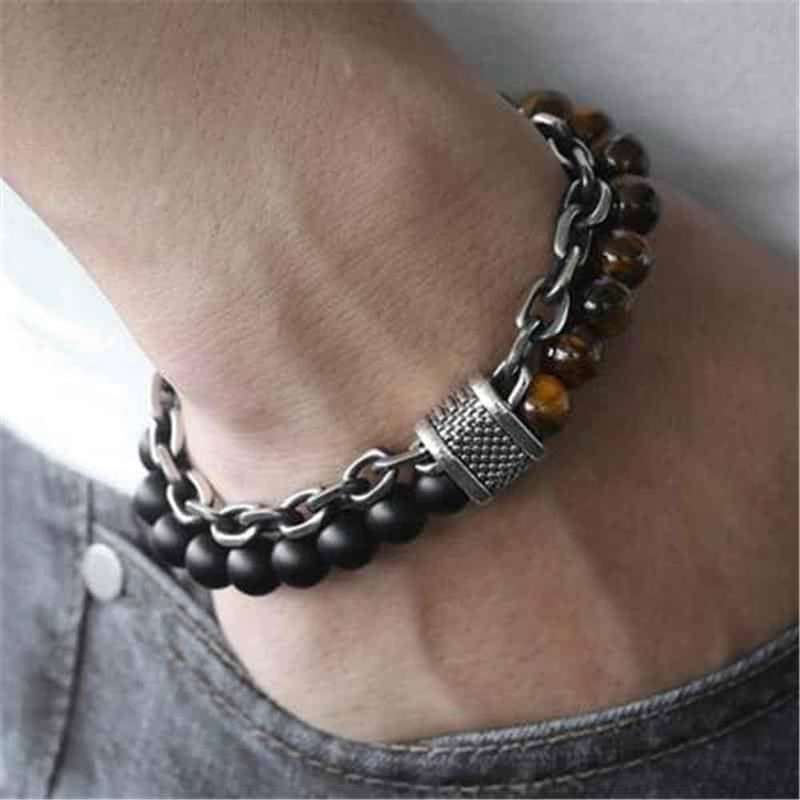Killer Deals Tiger's Eye Crystal Bead & Stainless Steel Chain Bracelet-L/XL