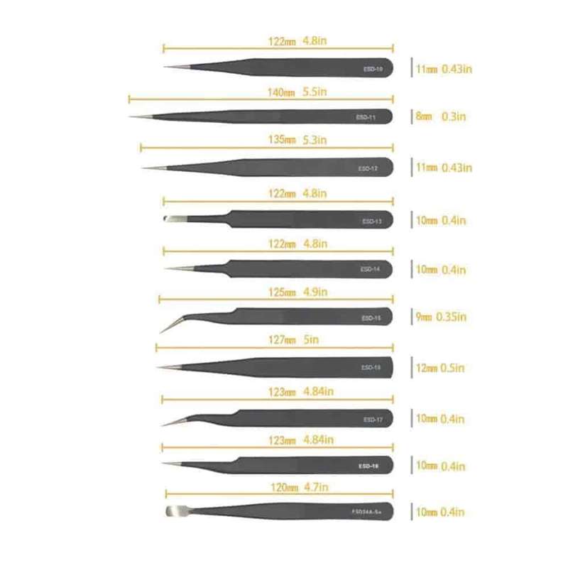 10-Piece Stainless Steel Anti-Static/Corrosion Precision Tweezer Set