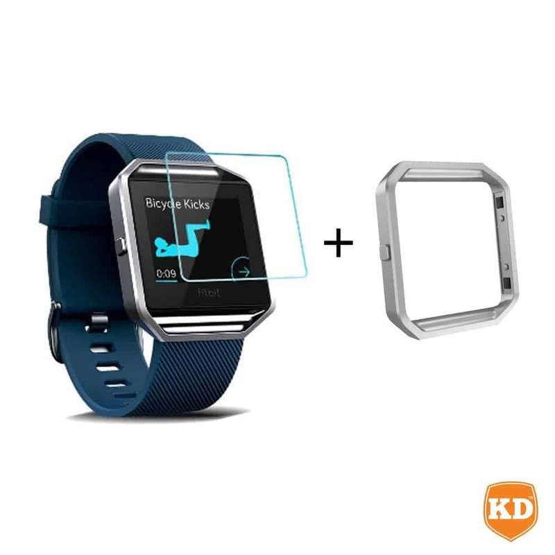 Killer Deals Metal Bezel Frame + Glass Protector for Fitbit Blaze- Silver - Combo