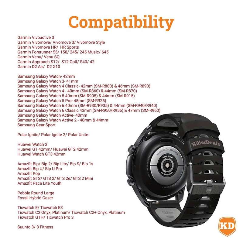 20mm Universal Watch Silicone Strap for Garmin Samsung Huawei- Black & Grey