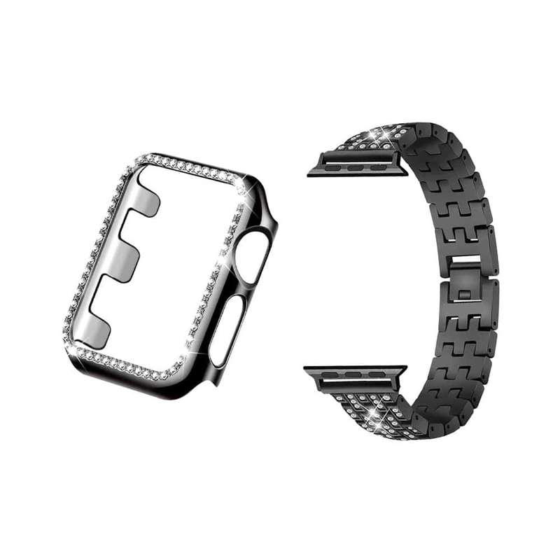 Killer Deals 38mm Apple Watch Rhinestone PC Shiny Protective Frame + stainless-steel strap - Black