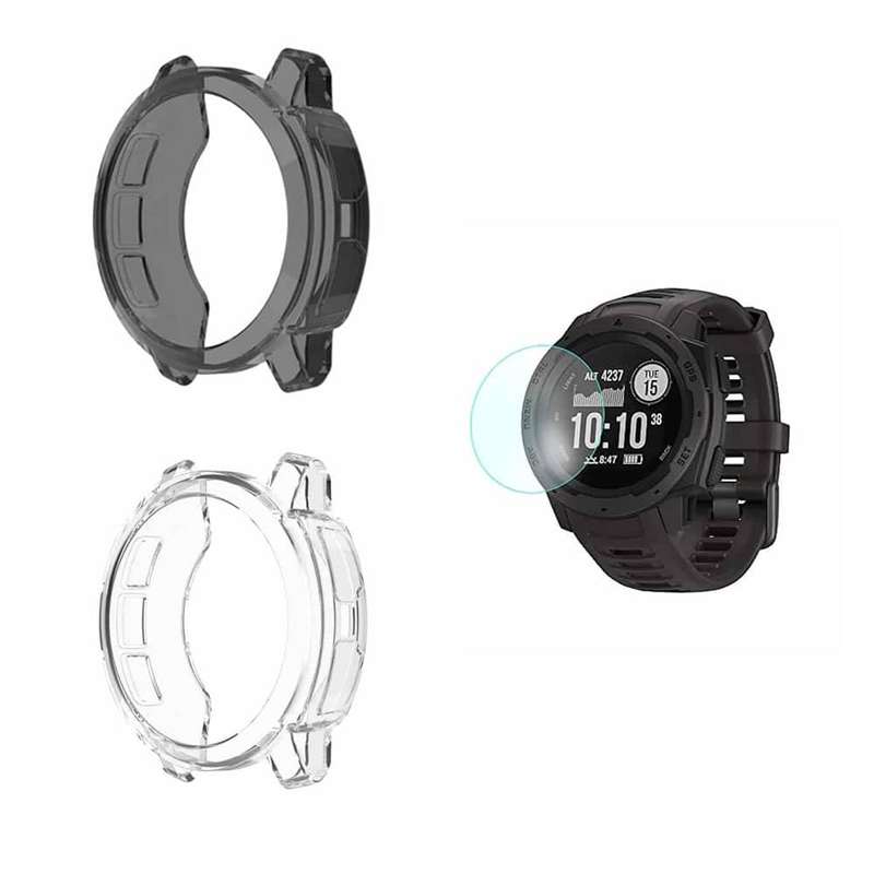 Killer Deals TPU case and 31mm Glass Screen Protector for Garmin Instinct Watch Black- Combo
