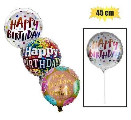 Balloon w/stick air bday assorted 45cm
