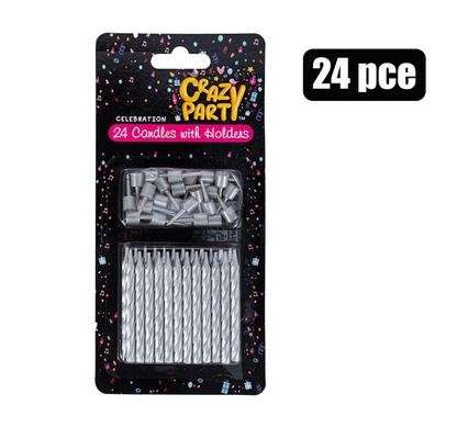 Candle birthday 24 candles+holders silv