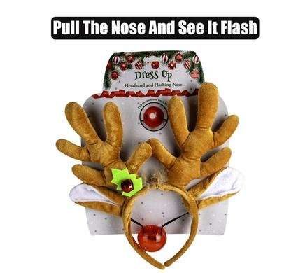 XMAS DRESS UP HEADBAND & FLASHING NOSE