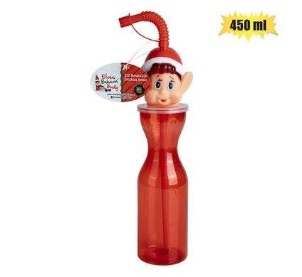 XMAS ELF WATER BOTTLE W/STRAW 450ml